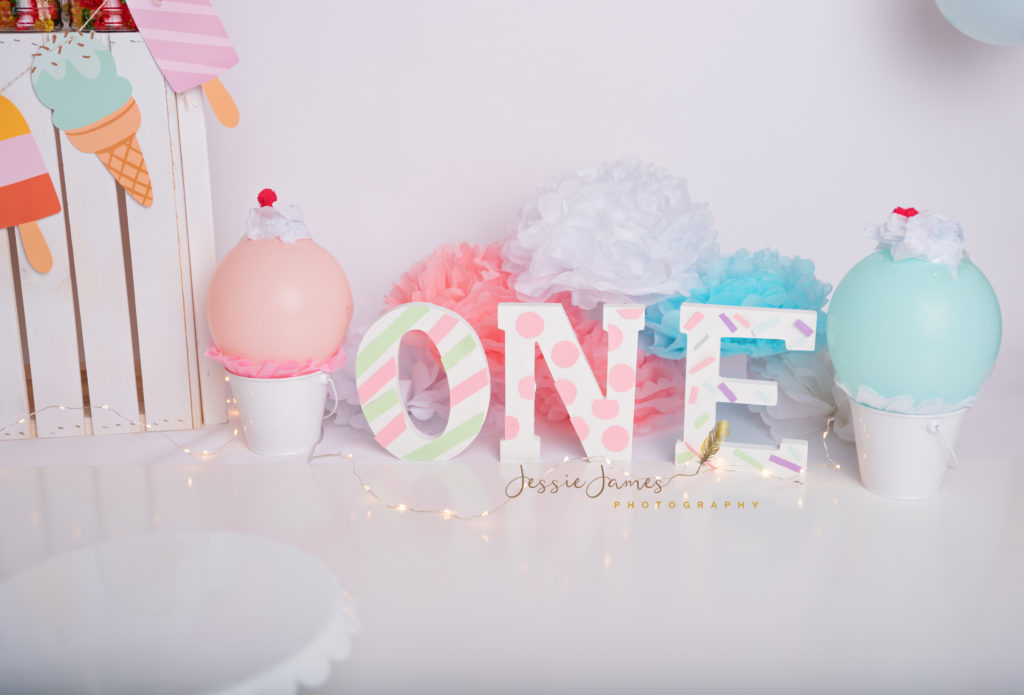 first birthday backdrop, first birthday photoshoot, diy ice cream props, letters spelling one