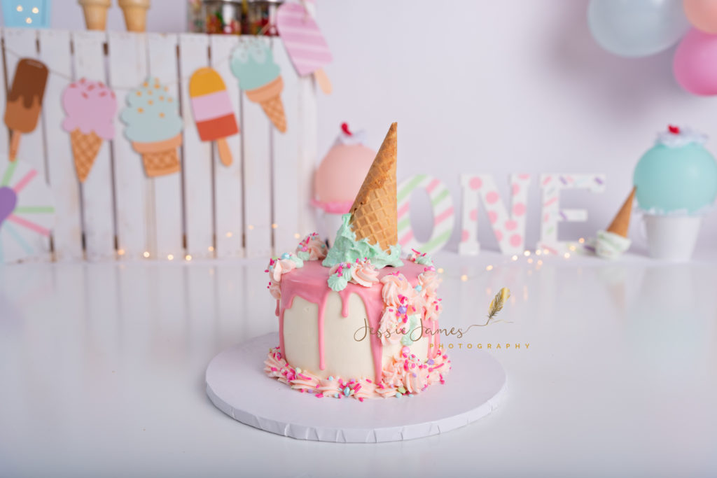 cake smash, cake smash cake, ice cream themed cake, pink and white cake, ice cream cake