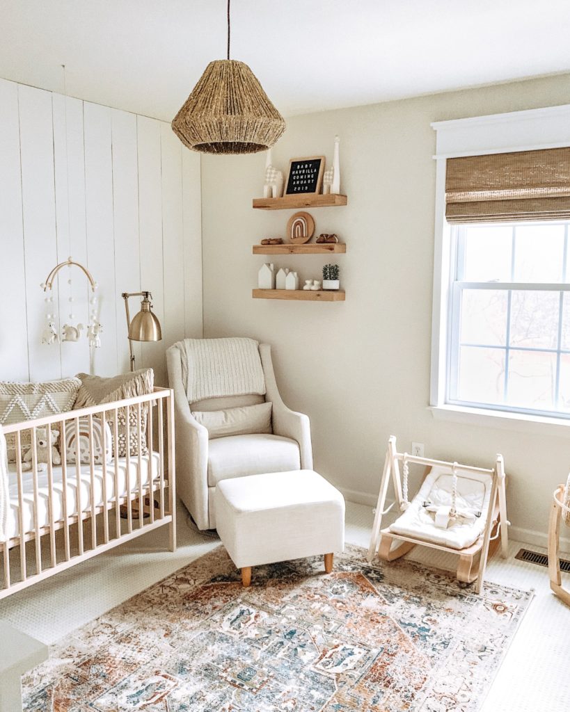 neutral boho chic nursery decor.  gender neutral nursery trend, with natural wood accent decor. 