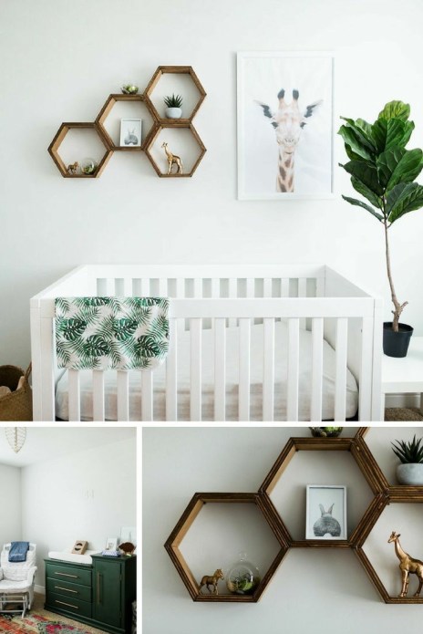 modern botanical nursery theme.  tropical themed baby nursery with giraffe print on the wall, and bold leafy decor accents.