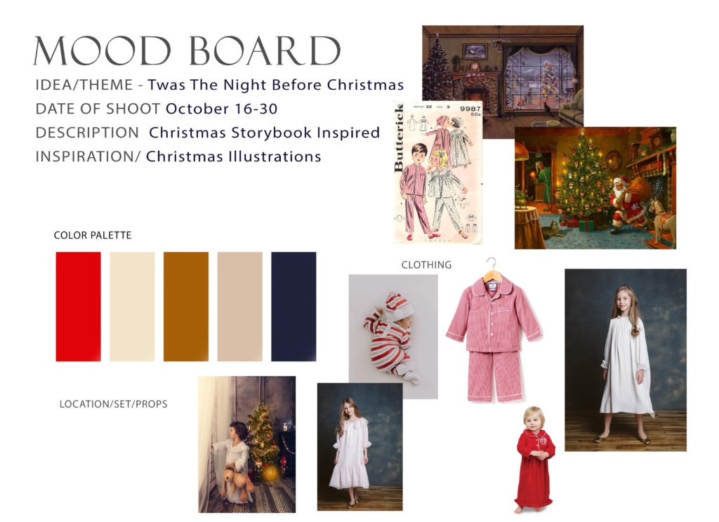 Christmas photoshoot inspiration/mood board.  Color scheme of set design. Wardrobe inspiration for Christmas photos.