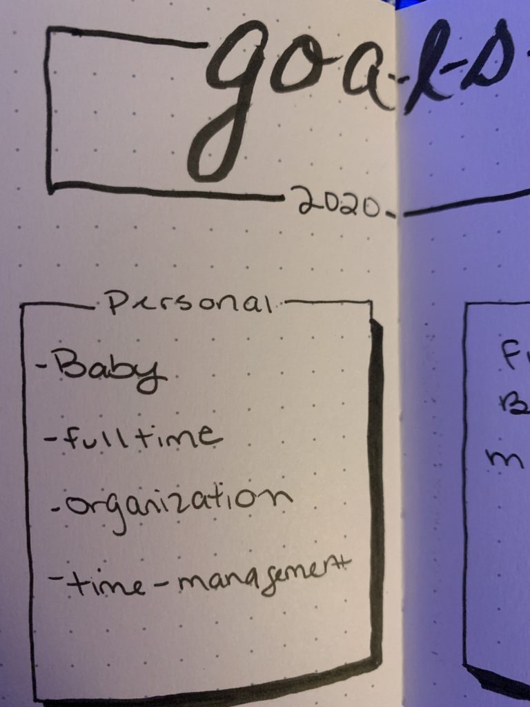 An image of my 2020 goals with having a baby being first on the list.