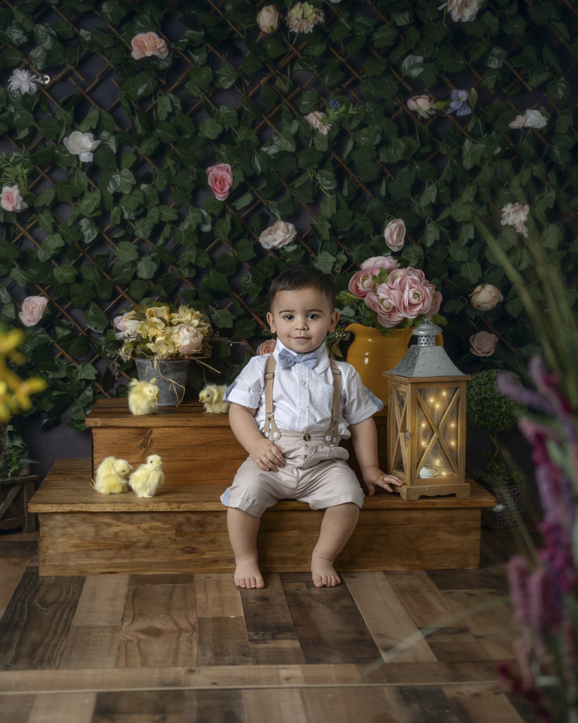 Spring Mini Sessions. Little boy sitting on steps in front of ivy wall. 