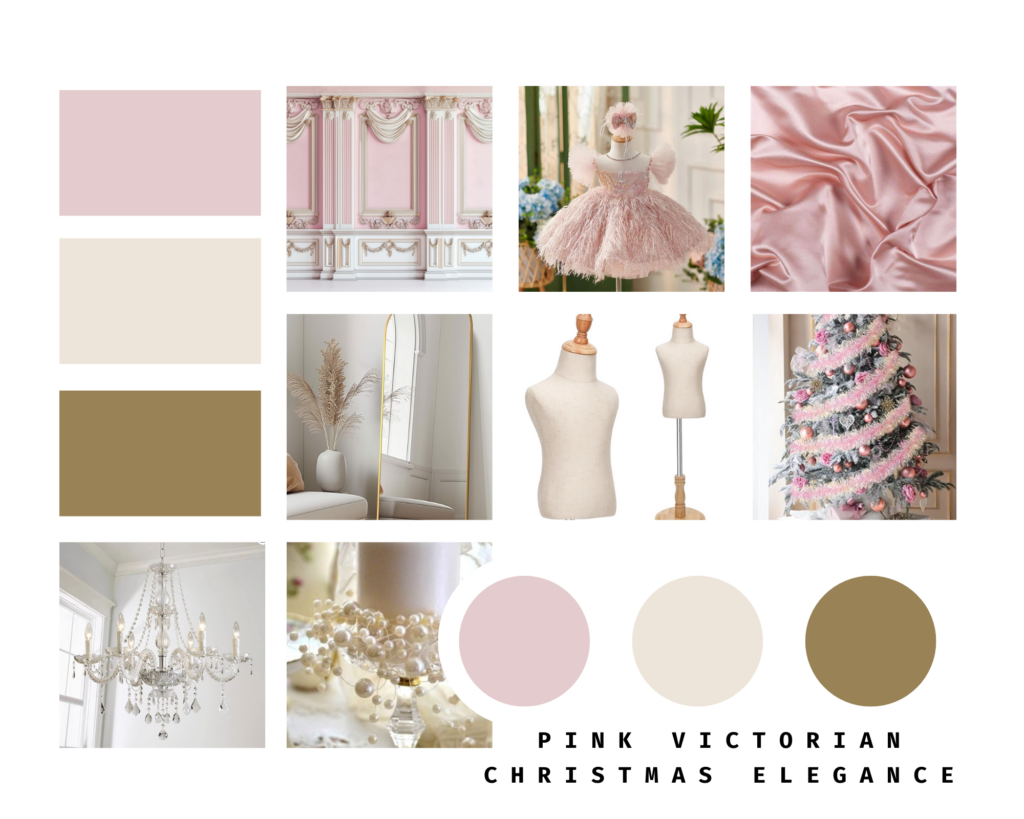 a mood board for  a pink christmas themed photography set