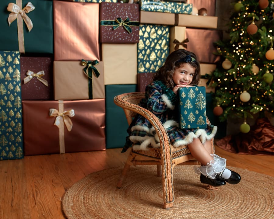 Little girl in plaid holiday dress holds a wrapped present while sitting in The Holiday Gift Stack set during Christmas Mini Sessions Staten Island.